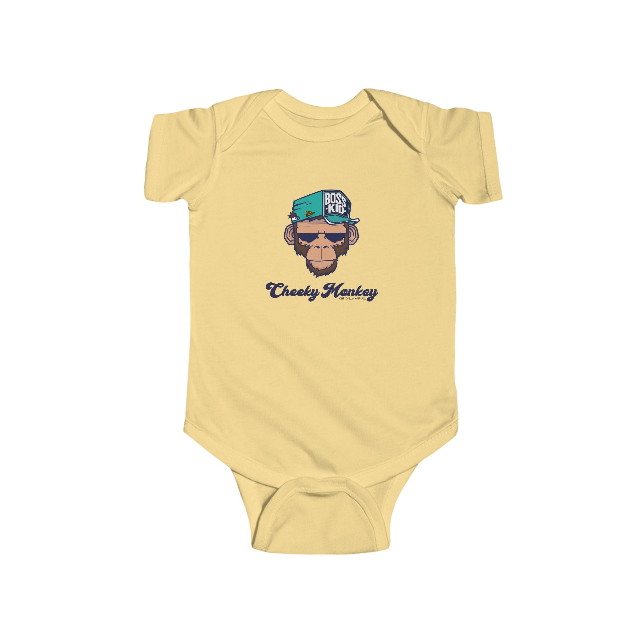 Yellow baby onesie with a monkey graphic and text on a white background